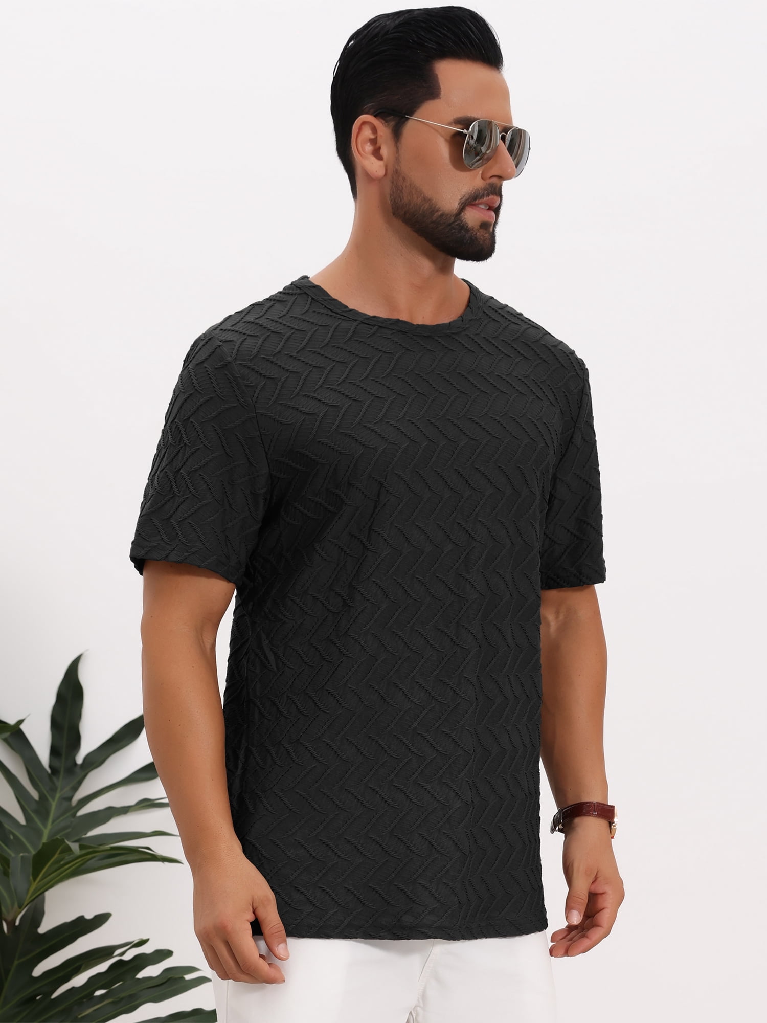 DARING DIVA Men's Knitted T-Shirts Short Sleeve Crew Neck Jacquard T-Shirt S Black