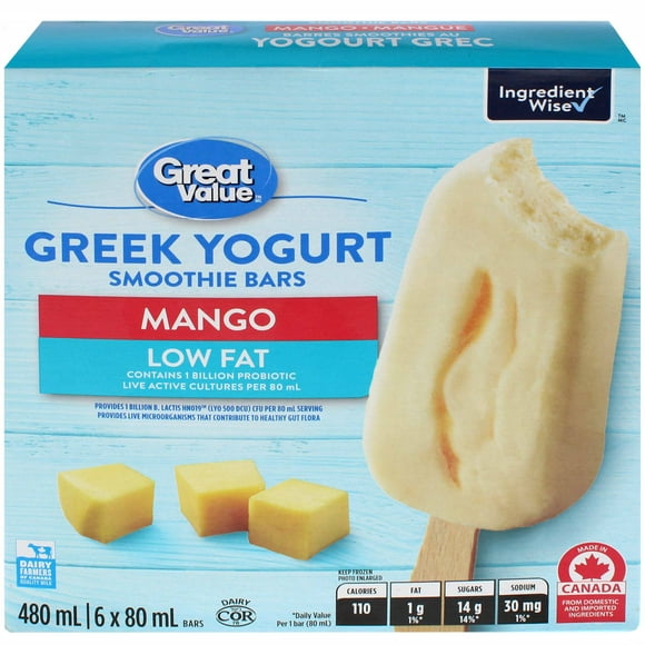 Barres smoothies au yogourt grec à la mangue Great Value 480 ml/6 x 80 ml barres