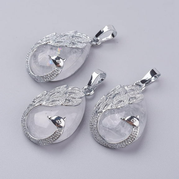 1Pcs Platinum Natural Quartz Crystal Pendants Rock Crystal Pendant Necklace Teardrop with Peacock Natural Stone Charms for Necklace Bracelet Jewelry Making DIY Craft Making