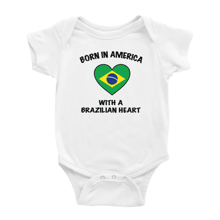 

Born In America With A Brazilian Heart Funny Baby Bodysuit For Boy Girl