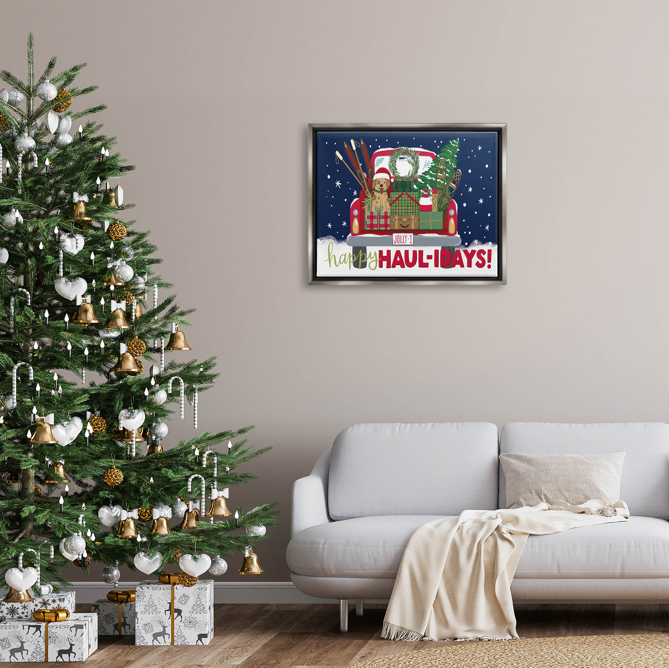 Stupell Industries Happy Haul-idays Christmas Gift Truck Graphic Art Luster Gray Floating Framed Canvas Print Wall Art, Design by Amanda McGee