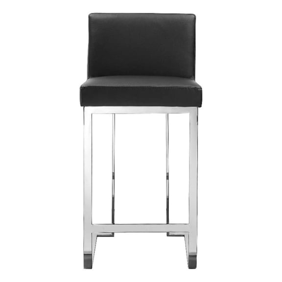 Benjara Boly 26" Counter Height Chair- Black Faux Leather- Chrome Steel