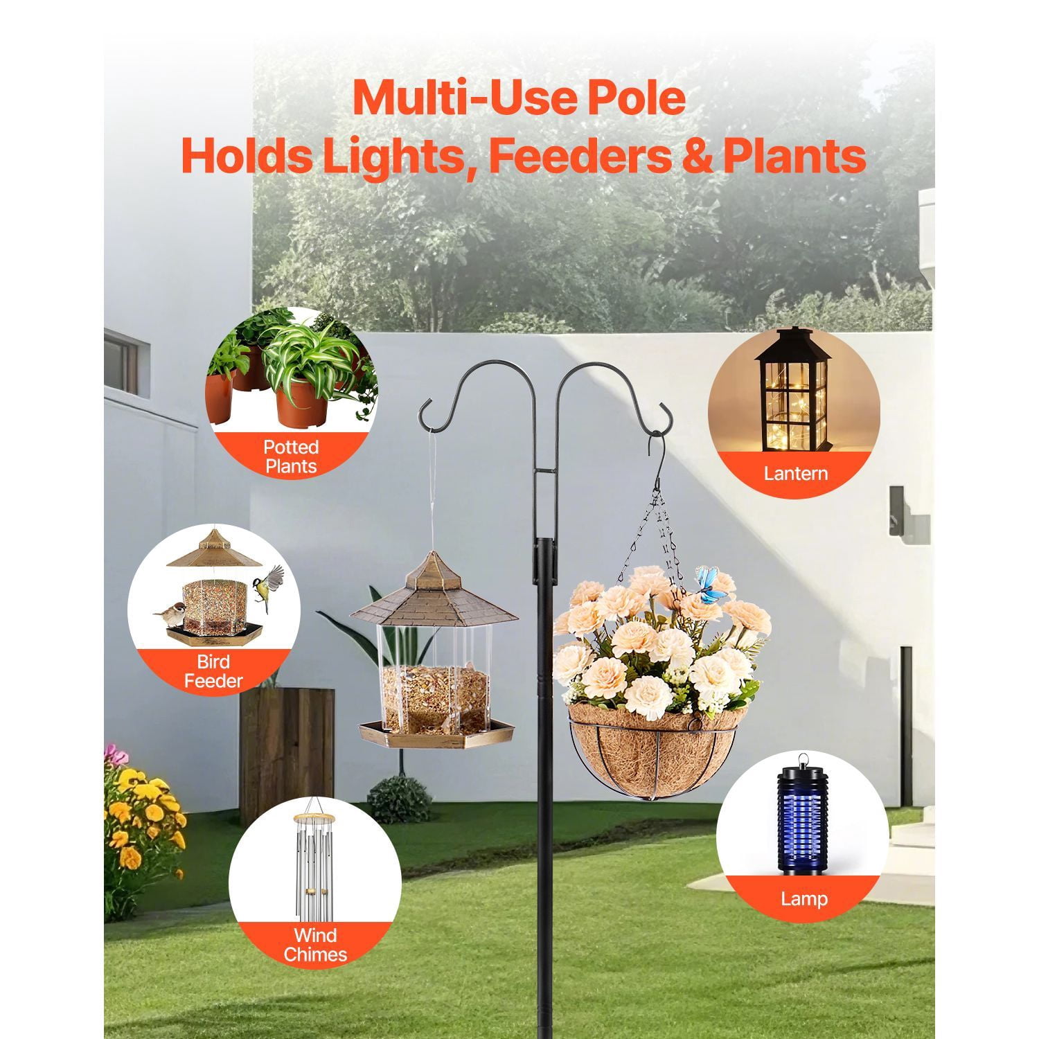 Double Shepherd Hook 76 3/4 Thick 8 Pack, Heavy Wrought Iron, Outdoor Hanging Bird Feeder, Plant Basket, Wind Chimes