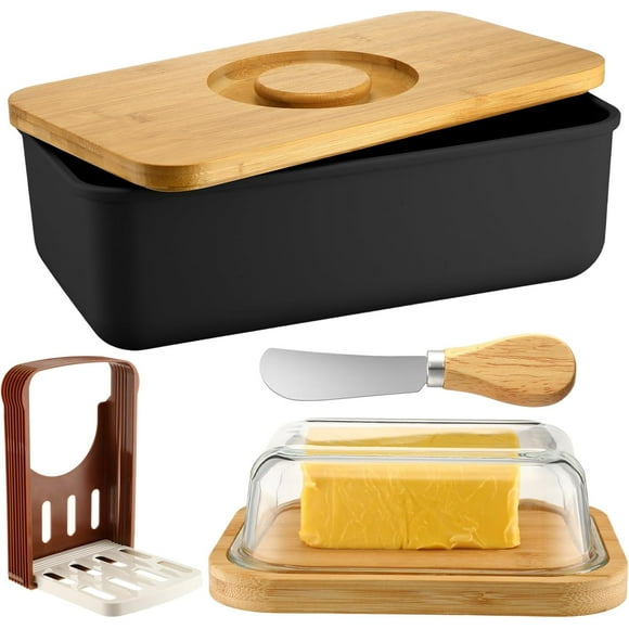 Glass Butter Dish with Lid and Knife, Bread Box with Bamboo Wood Cutting Board Lid Bread Slicer Holder Rectangular Bread Storage Container for Kitchen Countertop 14.8 x 8.3 x 5.5''(Black)