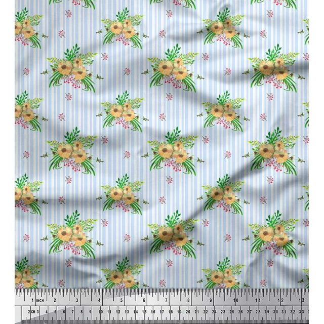 Soimoi Blue Poly Georgette Fabric Stripe & Anemone Floral Printed Fabric 1 Yard 52 Inch Wide