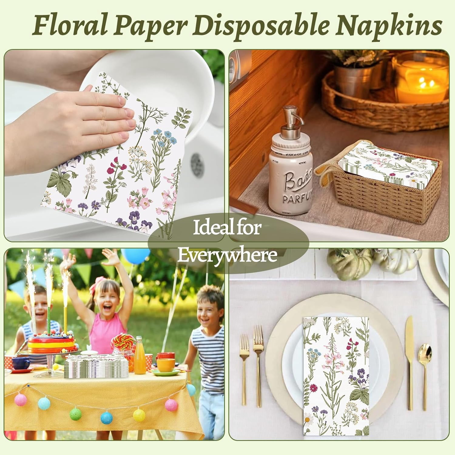 100PCS Floral Paper Napkins 3 Ply Disposable Hand Towels for Bathroom Vintage Wildflower Guest Napkins Green Wild Flower Dinner Napkins for Wedding Bridal Baby Shower Birthday Spring Summer Party