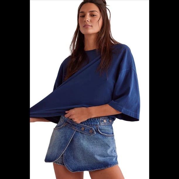 Camisetas de Gran Tamaño para Mujer, Corte Holgado, Cuello Redondo, Corta, Blusa Informal de Verano Y2K 2025, Camiseta Básica Azul Playa Talla S
