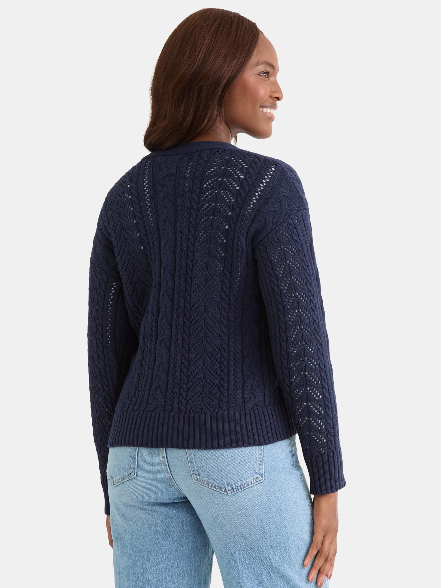 Time and Tru Women's and Women's Plus Cable Knit Cardigan Sweater, Lightweight, Sizes XS-4X