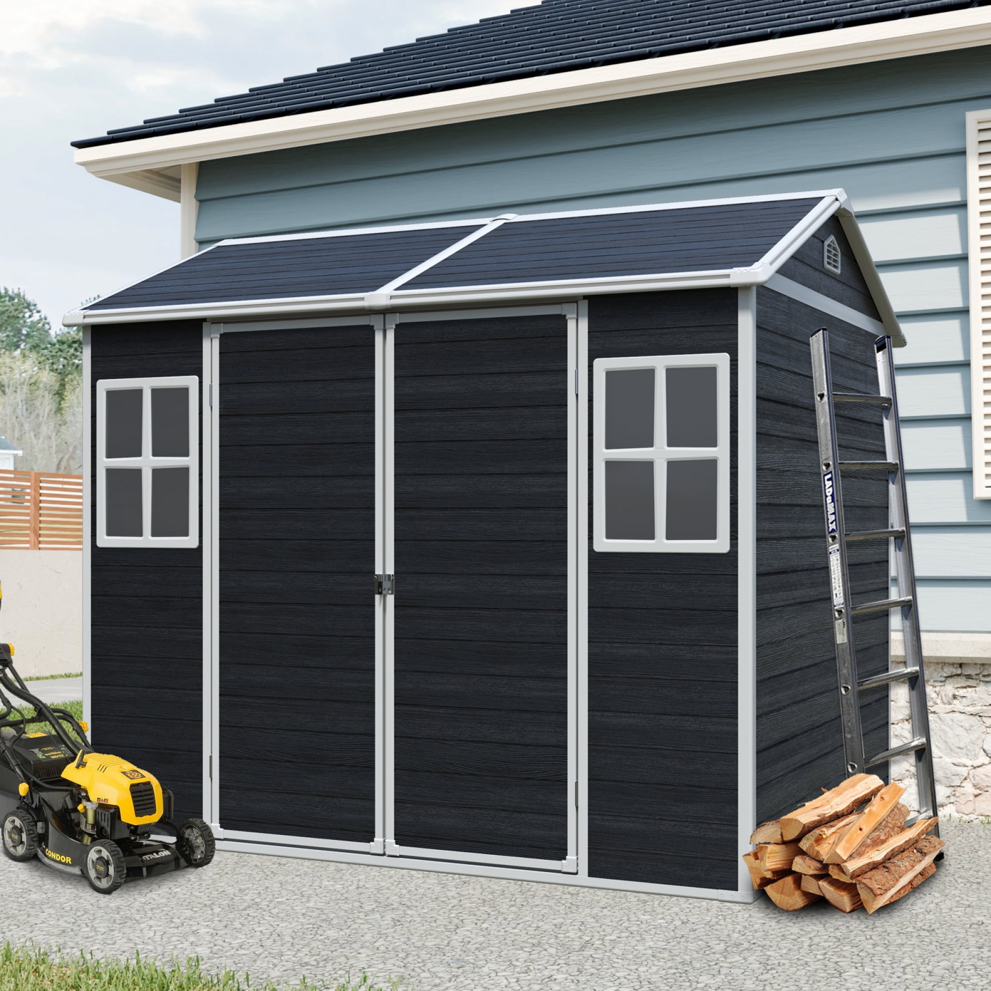 Jopath 8ft x 6ft Resin Outdoor Storage Shed Waterproof Shed with Two Windows and Lockable Door, Tool Shed with Floor for Garden Patio Backyard Black