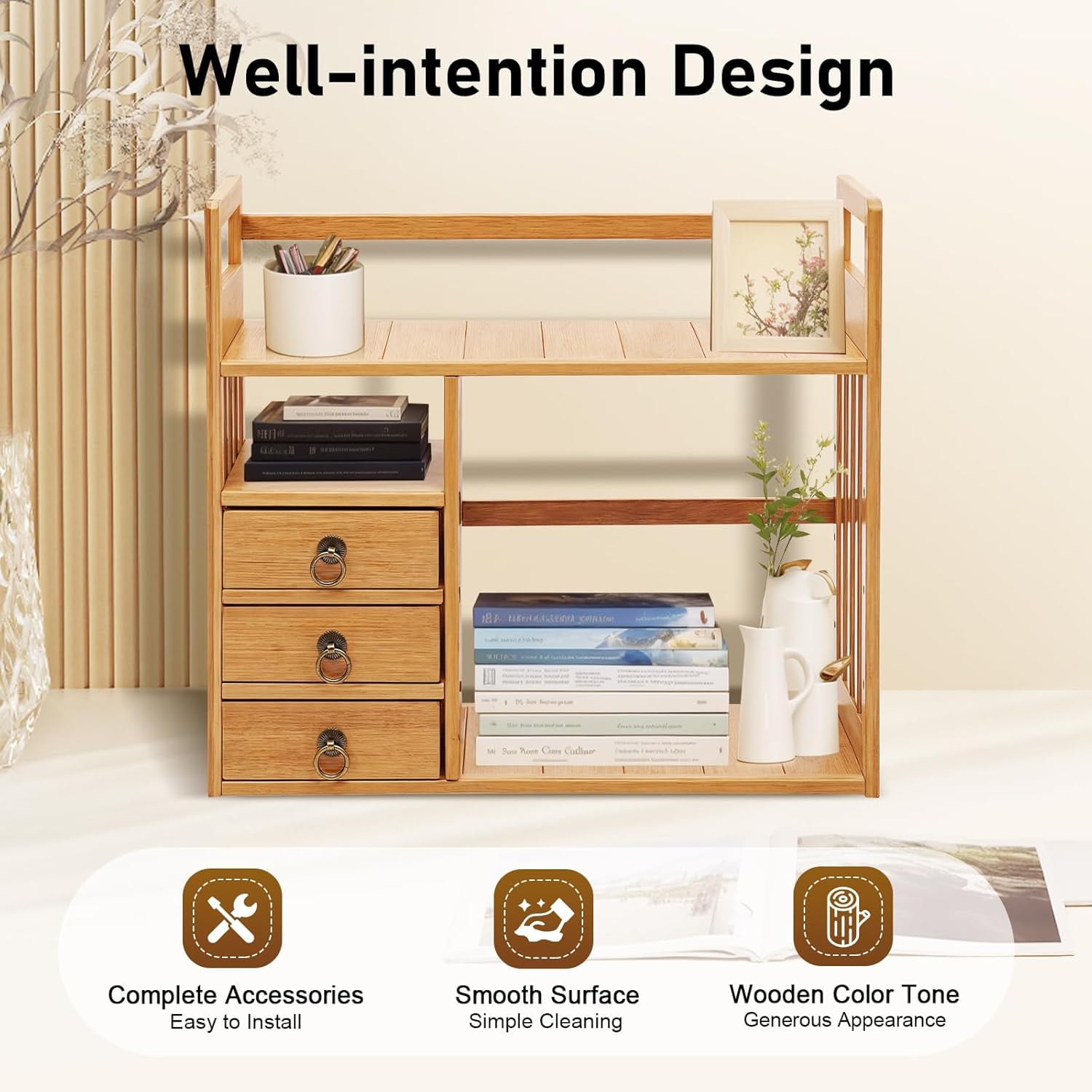 3-Tier Bamboo Desktop Storage Shelf Desk Storage Hutch 3 Drawers Desktop Display Rack Office Storage Rack for Home Office Dorm