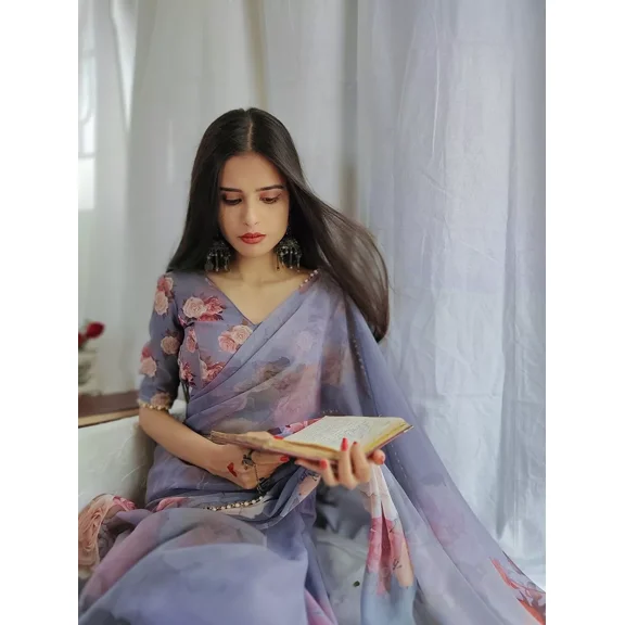 Sethi Trades Women's Georgette Printed Saree with Pearl Lace Border and Unstitched Blouse, 5.5 Meters