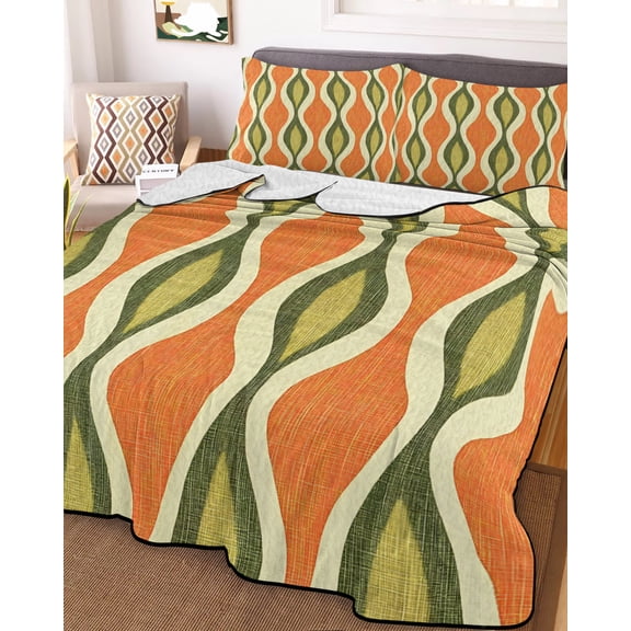 Orange Green Geometric Twin Size Down Alternative Comforter, Lightweight Comforter Quilt Bedding Set with Pillow Shams Abstract Moire Contemporary All Seasons Bed Comforter Duvet Insert 68"x86"