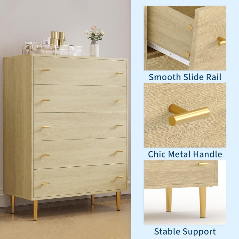 TROPOW 5 Drawers Dresser for Bedroom, 31.5" Wide Wood Rustic Chest of Drawers with Bar Handles, Vintage Design, Storage Dressers Organizer for Bedroom, Living Room, Hallway