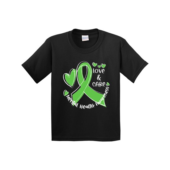 Inktastic Love and Care Mental Health Awareness Green Ribbon Youth T-Shirt