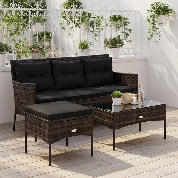 Resenkos 3-Piece Modern Black Patio Sectional Set with 5 Removable Cushions – Steel Frame, All-Weather Rattan, Tempered Glass Coffee Table for Backyard, Poolside & Garden