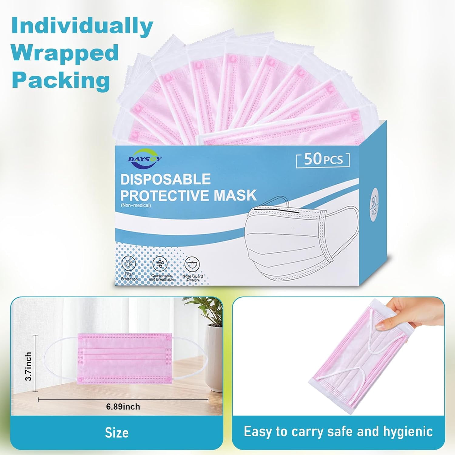 Individually Wrapped 4-Layer Filter Disposable Face Mask Single Use Dust Safety Face Mask Flat Earloop Latex-Free 50pcs