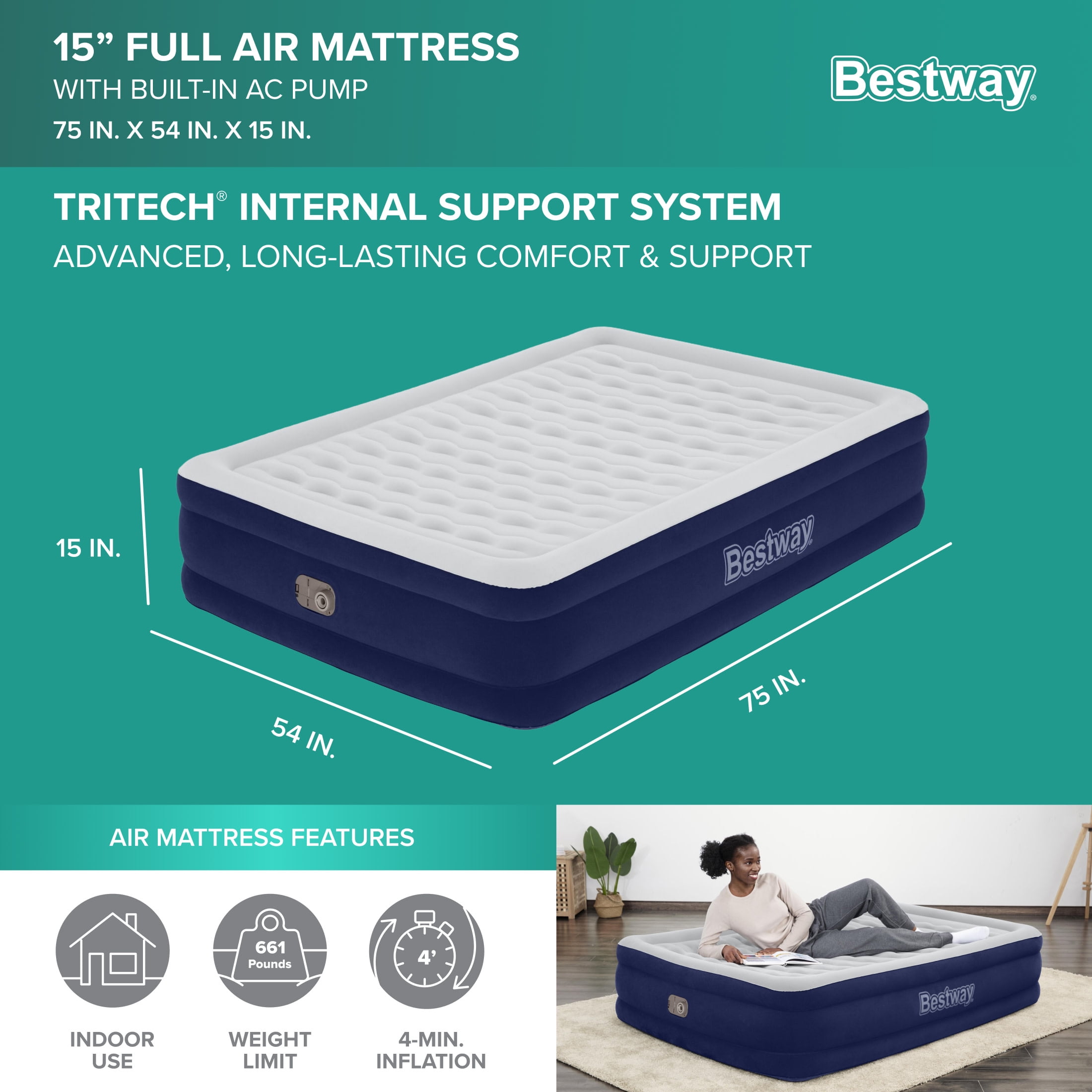 Bestway Tritech Air Mattress Full 15" with Built-in AC Pump Included