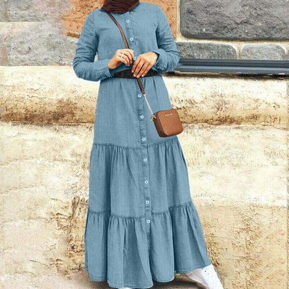 Women Casual Solid Denim Dress Long Sleeve Round Neck Dress Loose Dress Petite Dresses Summer Stripe Dress Womens Dresses Casual Summer Midi Length Women's Casual Casual Maxi Women Solid Tunic Dress