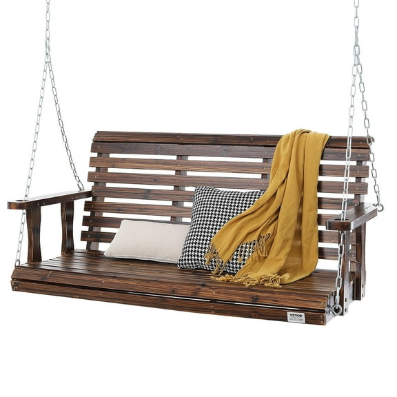 4.5ft Wooden Porch Swing for Patio, Garden & Courtyard – Heavy Duty 880lbs Capacity, Outdoor Hanging Bench Swing with Chains, Carbonized Brown – Sturdy & Weather-Resistant