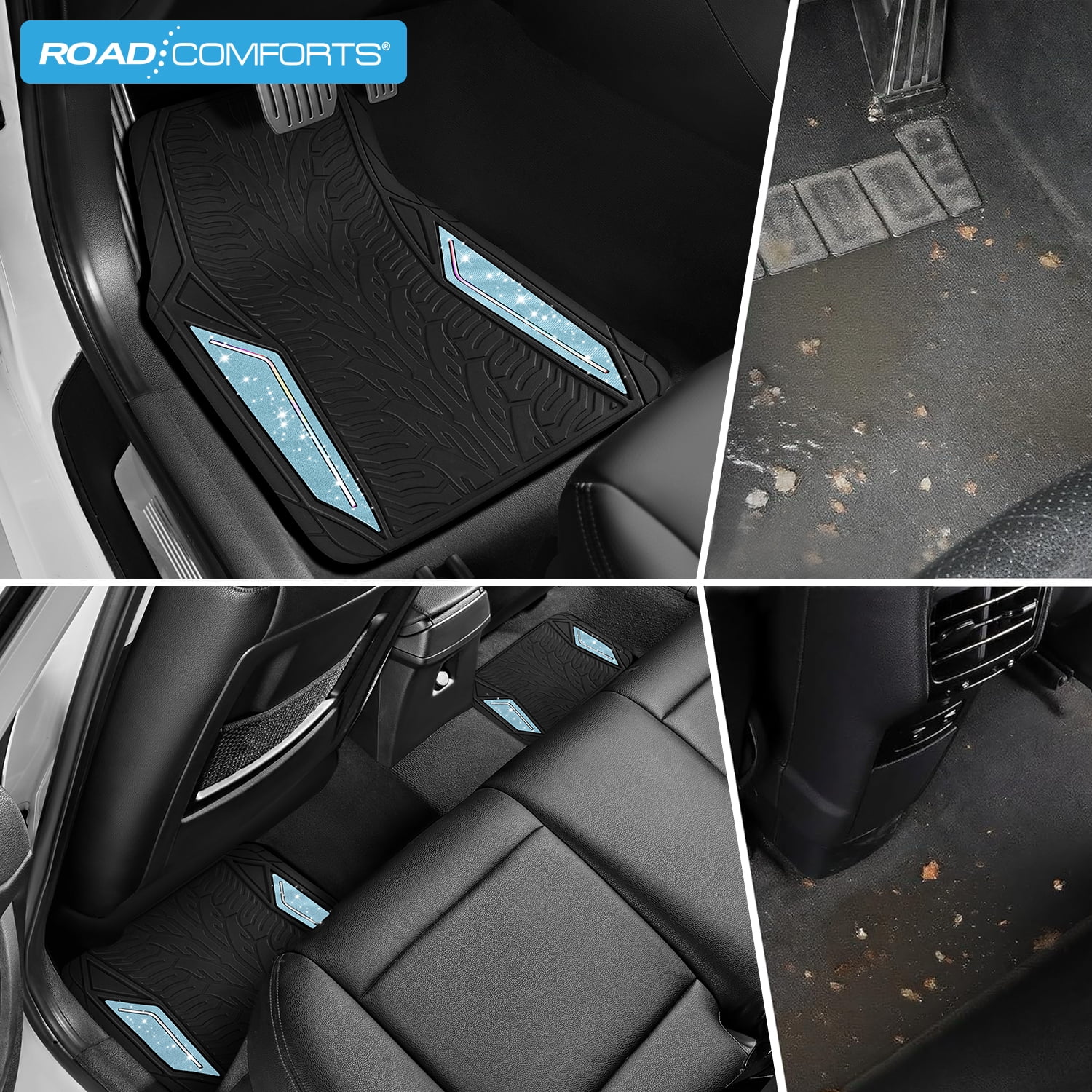 Road Comforts Glitter Car Floor Mats, Glitter Rubber Floor Mats Full Set,Shiny Sparkle Design, Universal Fit, Easy to Clean, Anti-Slip Protection Blue
