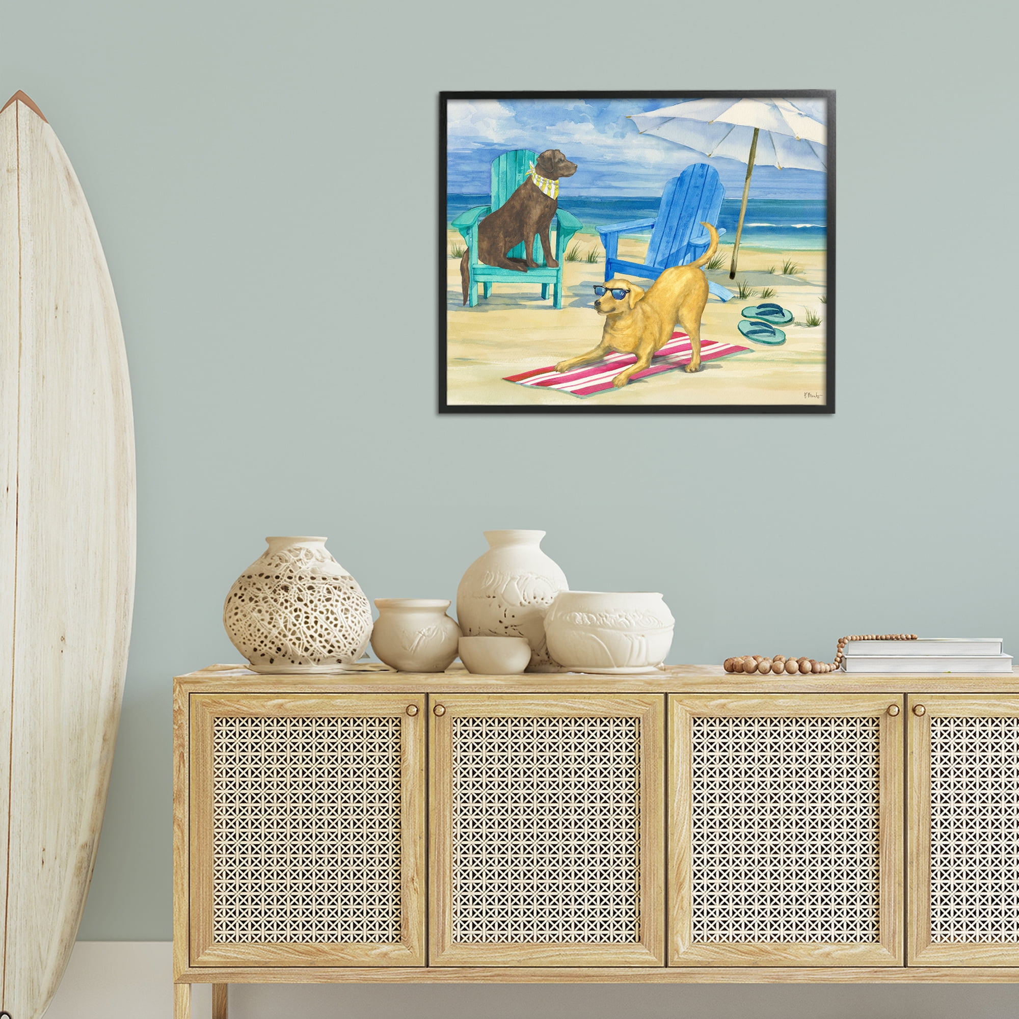 Stupell Industries Dogs on Beach Towel Animals & Insects Painting Black Framed Art Print Wall Art, 30 x 24