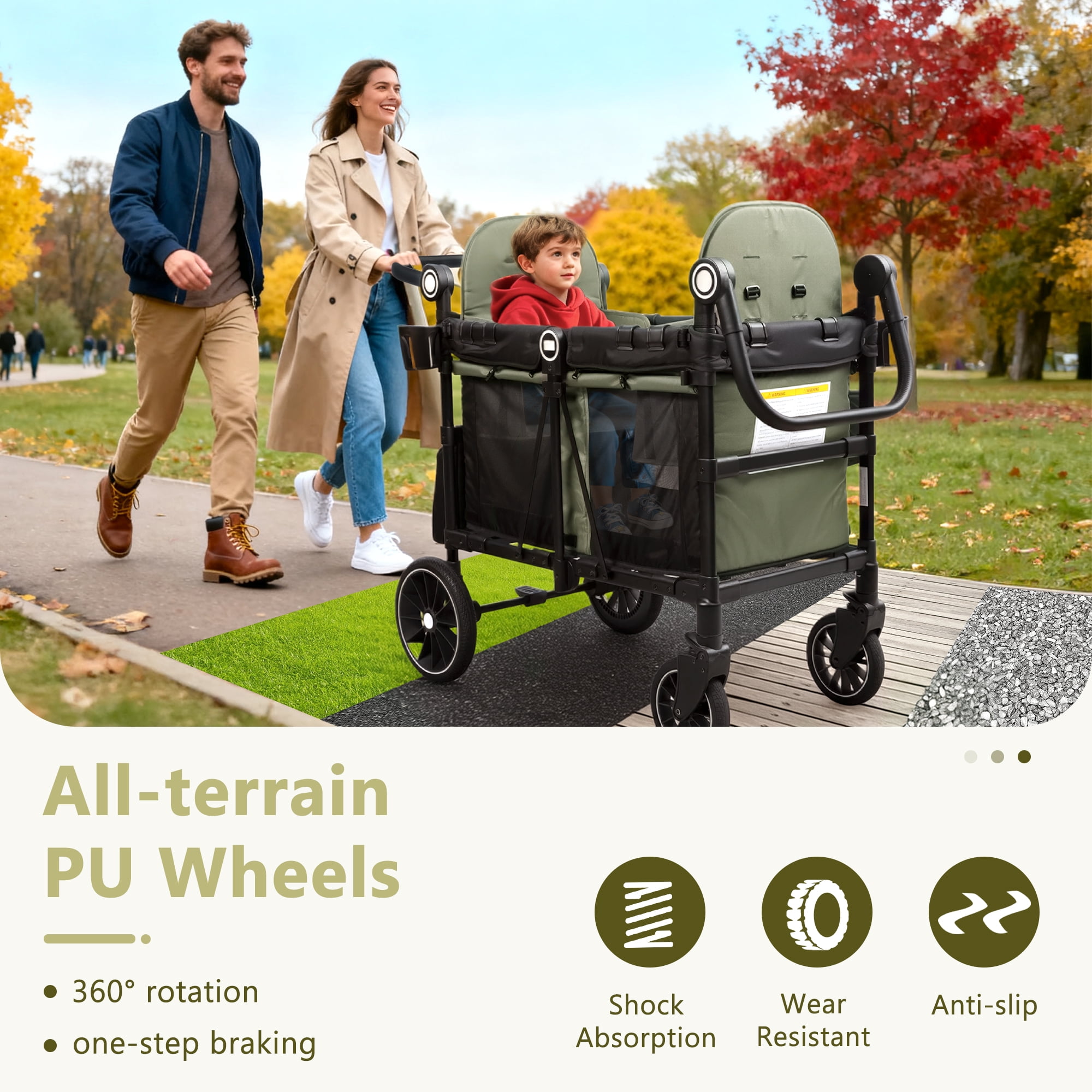 LINLUX 2 Kids Wagon Stroller, Foldable Outdoor 2-Seat Stroller Wagon, Removable Canopy, 55 Pound, Green