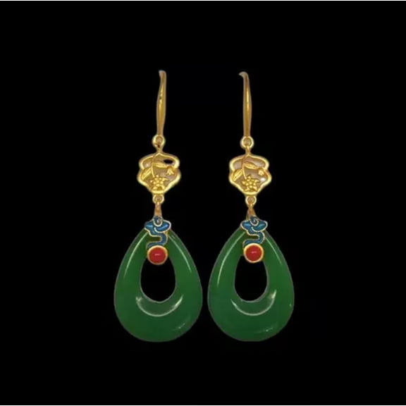 HOOUN Retro Ethnic Style Women's Green Jade Hollow Droplet Earrings and Earrings
