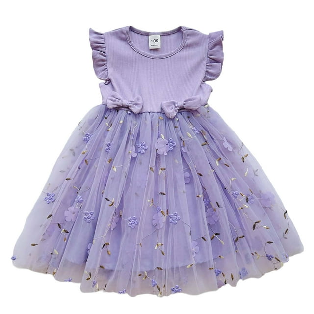 Robes Décontractées pour Tout-Petites Filles Été en Maille Broderie Florale Col Ras du Cou Manches Volantées Nœud Robe de Danse Robe d'Été Tenue de Vacances, Violet, 2-3 Ans