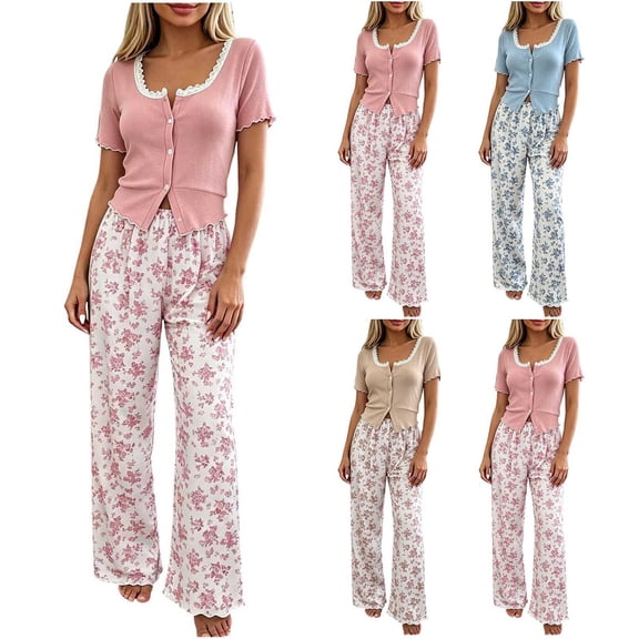 Bovxnpu Womens Pajama Set Lace Open Front Short Sleeve Long Pants Sleepwear