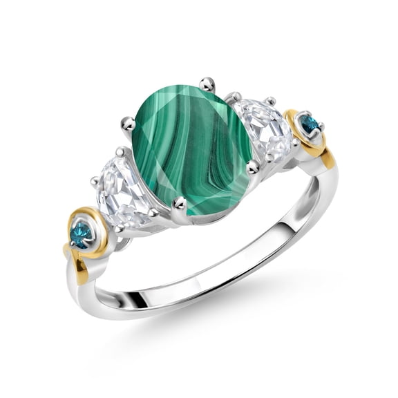 Gem Stone King 925 Silver and 10K Yellow Gold 3-Stone Ring Oval Green Malachite and Moissanite (3.01 Cttw, Size 7)