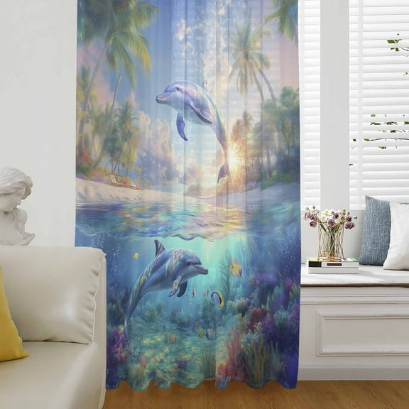 Ocean Dolphins Semi Sheer Curtains Drapes for Living Room,Bedroom,French Doors Window 45 Inches Long,Summer Coral Coconut Trees Tropical Fish Rod Pocket Chiffon Curtain Drapery Voile Draperies Panel