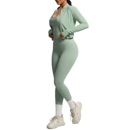 sususu Winter Clothing for Women Fall Sets Solid Color Beauty Back Fitting Sports Yoga Wear Three Piece Set For Running And Fitness Activities - Green