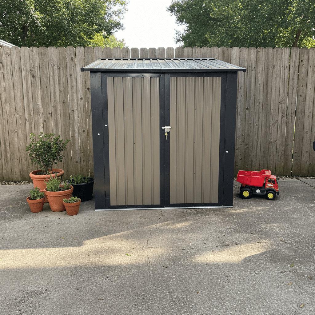 Mintazer 6×9ft Modern Metal Outdoor Storage Shed with Windows & Lockable Doors, Waterproof Weatherproof Garden Shed for Backyard Patio, Brown & Black