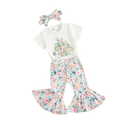 

Co.MMehjri Baby Girls Easter Outfit Bunny Print Short Sleeve T-shirt with Flare Pants Headband Clothing Set