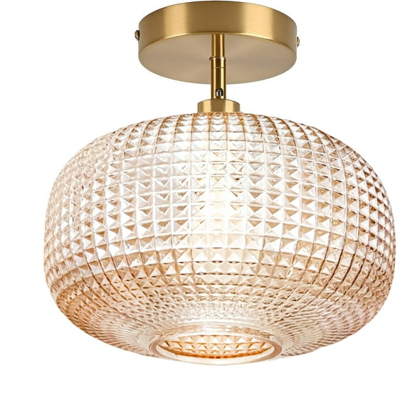 Semi Flush Mount Ceiling Light, Vintage Small Ceiling Light Fixture,Hallway Lighting Fixture with Amber Glass,Kitchen Ceiling Mount Lighting for Bedroom, Bathroom, Porch