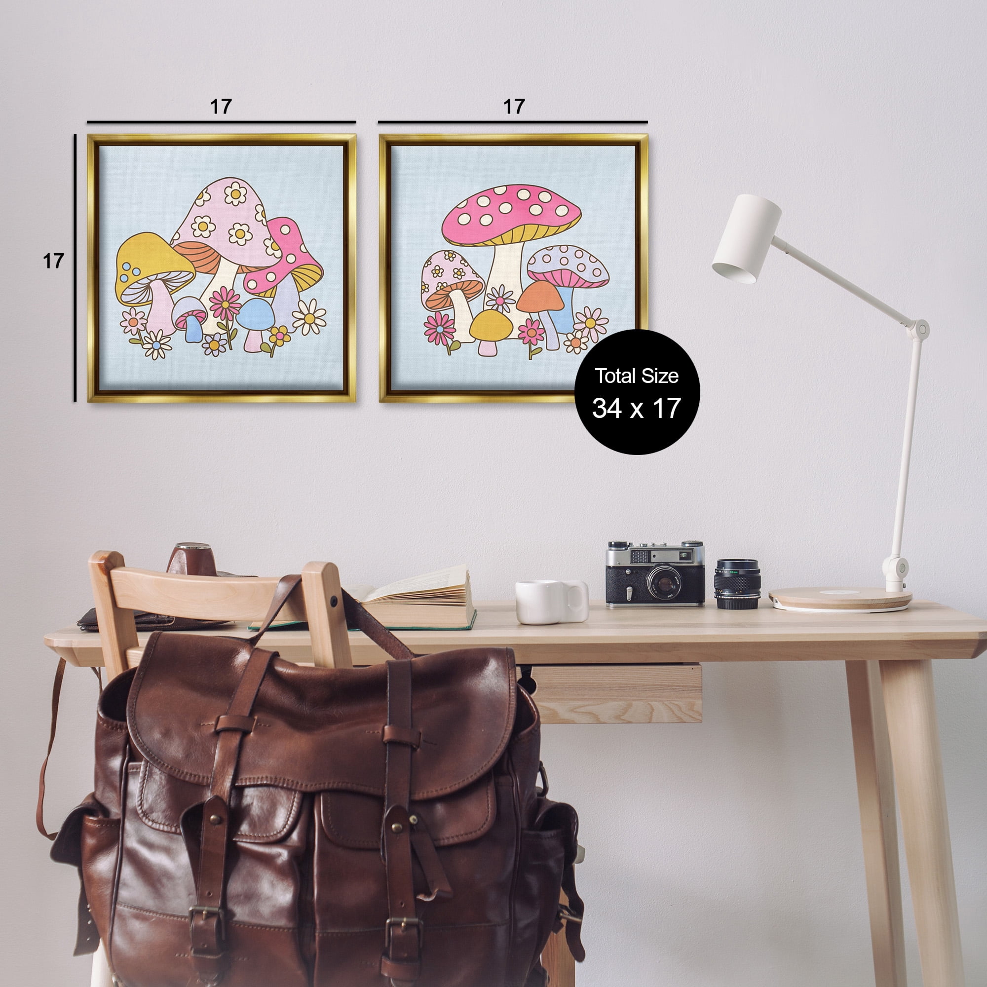 Stupell Industries Groovy Floral Mushrooms Botanical & Floral Painting Gold Floater Framed Canvas Art Print Wall Art, 18 x 18, Set of 2