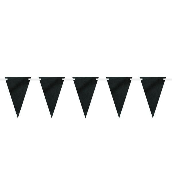 9-foot black chalk paper flag banner with five blank triangular flags and one piece of white chalk for customizable messages.
