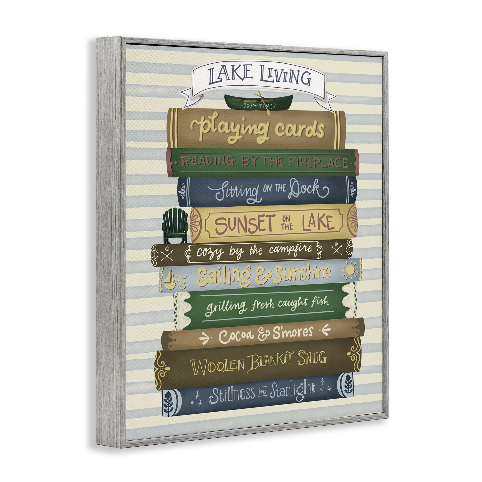 Stupell Industries Lake Living Book Stack Gray Framed Giclee Art, design by Giao Williams