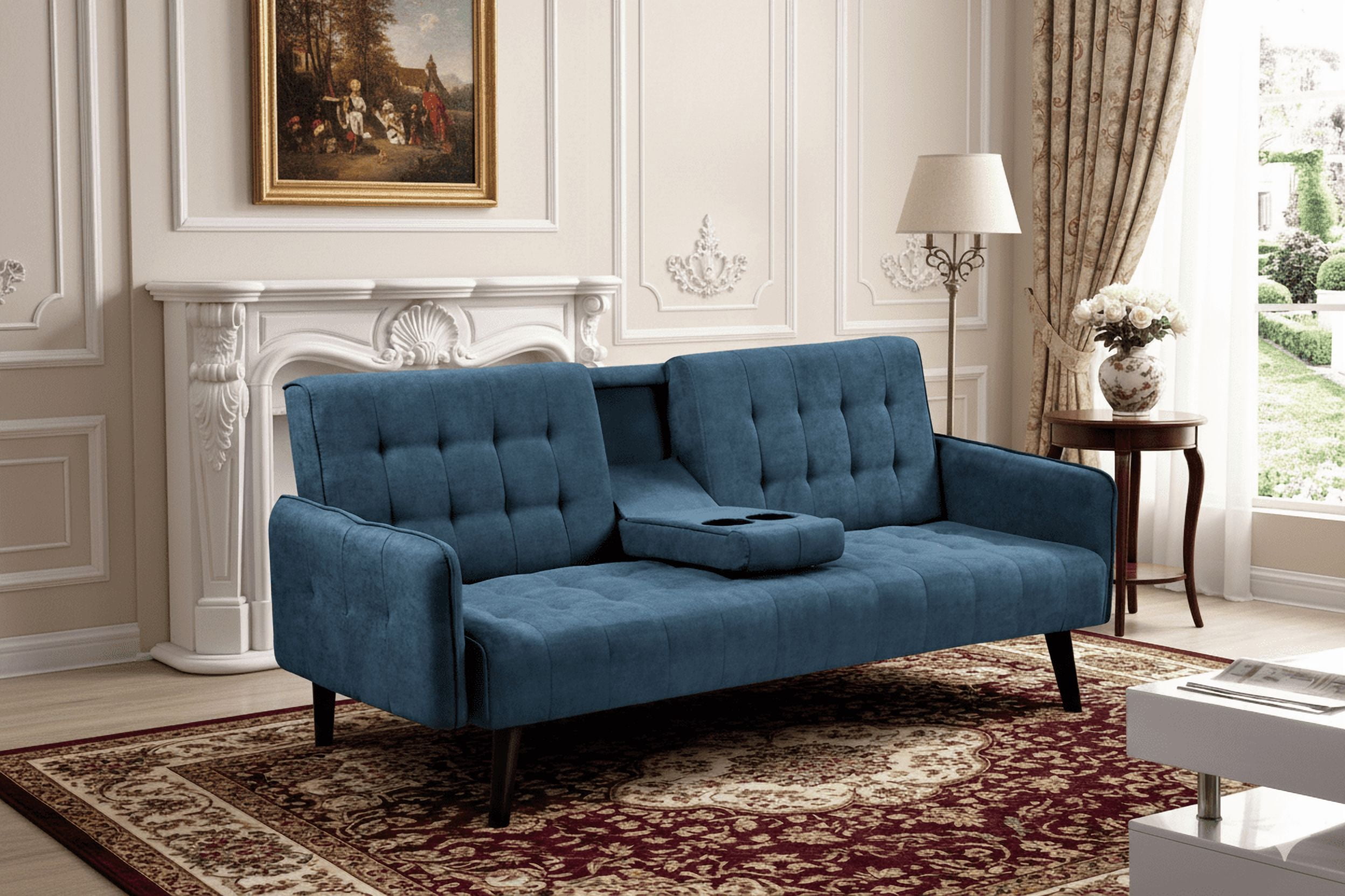 Gewnee 72" Sleeper Sofa Bed, Convertible Linen Futon Couch with Folding Backrest with Cup Holder,Modern Couch for Home and Guest Room，Blue