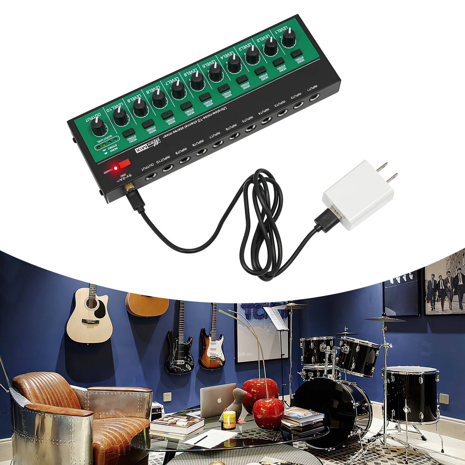 10 Channels Audio Mixer, Mini Audio Mixer, Audio Mixer w/USB Charging Cable&Plug for Recording Studios