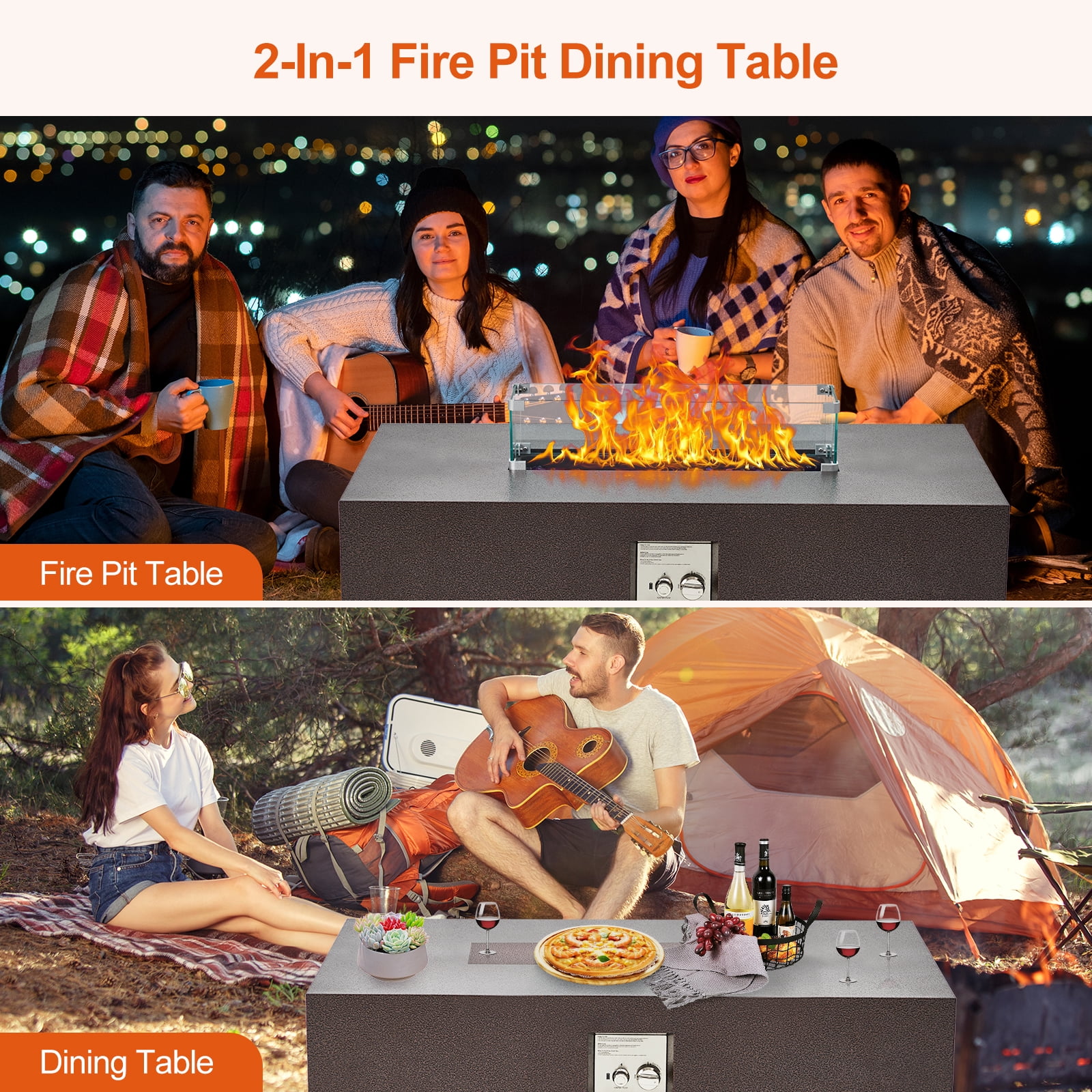 Petyee 48" Outdoor Propane Fire Pit Table with Side Table, 50,000 BTU Rectangle Fire Table w/Wind Guard, Fire Glass & Waterproof Cover for Patio, Deck, Garden, Indoor