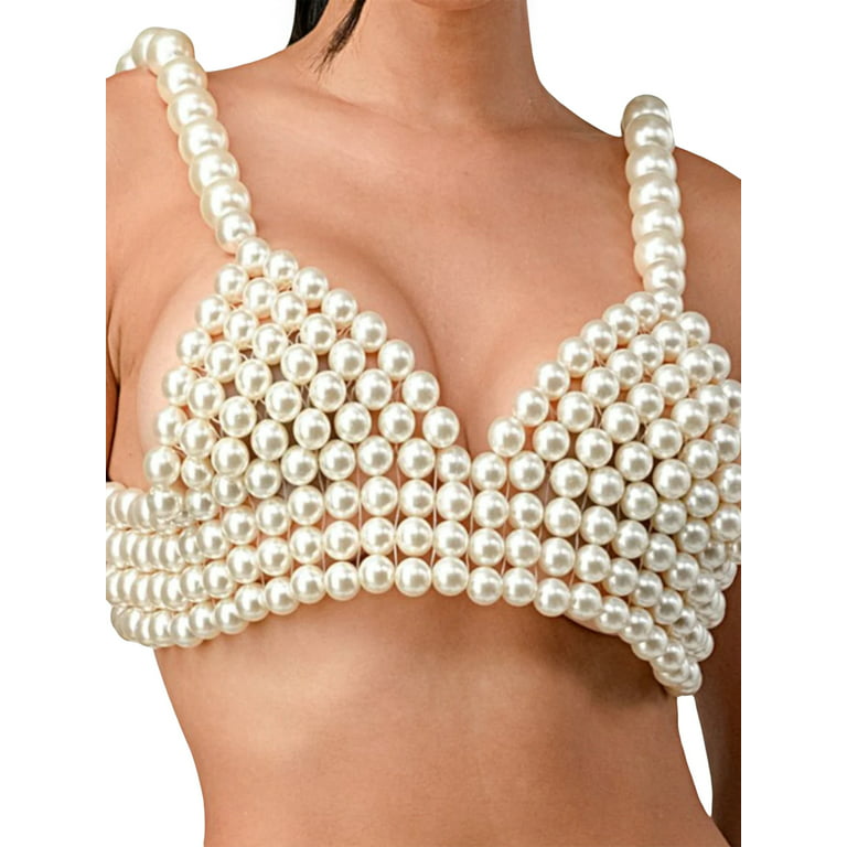 Women Pearls Beaded Cami Top Pearl Crop Top Spaghetti Strap Bra Cover up  Top Tank Top Party Streetwear