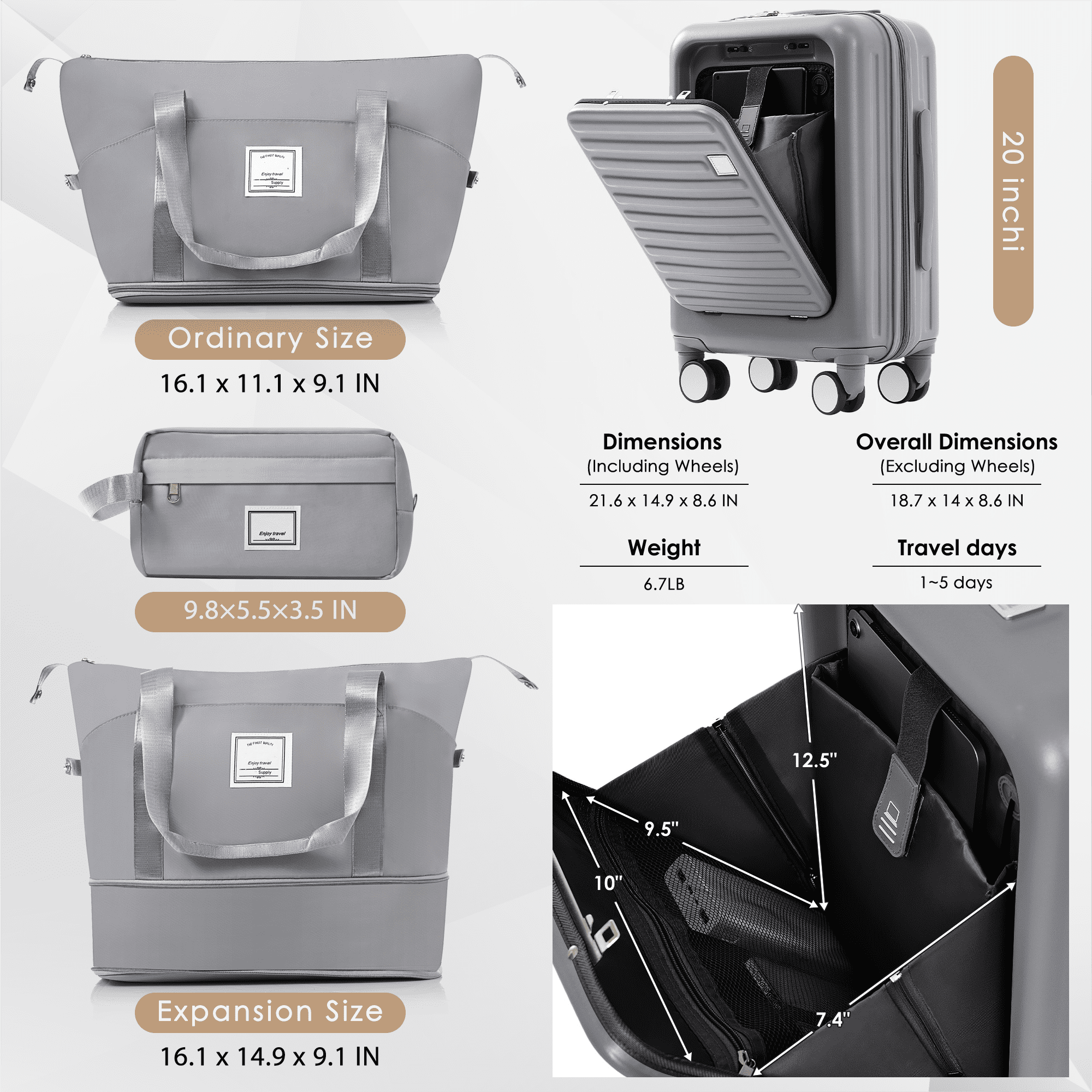 Euroco 4 Piece Luggage Sets,20" Carry-On Luggage with Front-Opening & Cup Holder,20/28inch Suitcase Set with USB Port,TSA Lock, Spinner Wheels,Travel Duffel Bag & Dry Toiletry Bag,Grey