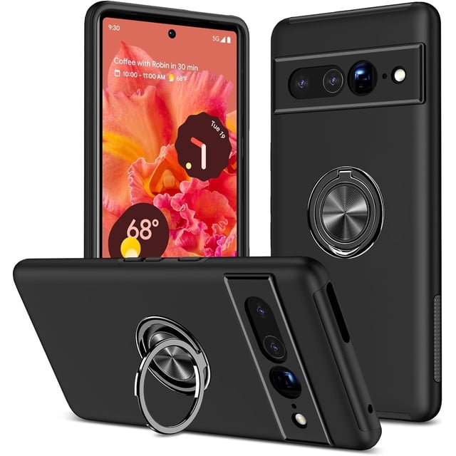 KOMI for Google Pixel 7 Pro Case with 360 Degrees Metal Ring Hard PC Silicone Shockproof Hard PC Case for Google Pixel 7 Pro Black