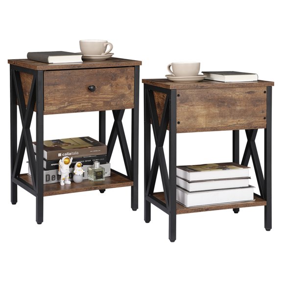YSNW Nightstand Set of 2, Modern End Table with Drawer Industrial Metal Frame Bedside Tables for Bedroom Living Room Apartment Small Spaces, Antique Brown
