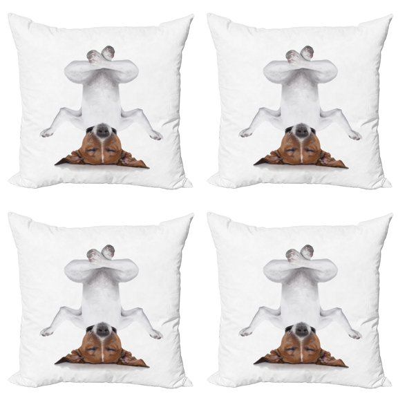 Ambesonne Funny Throw Pillow Cover 4 Pack, Dog Upside down Relax, 20", White Brown