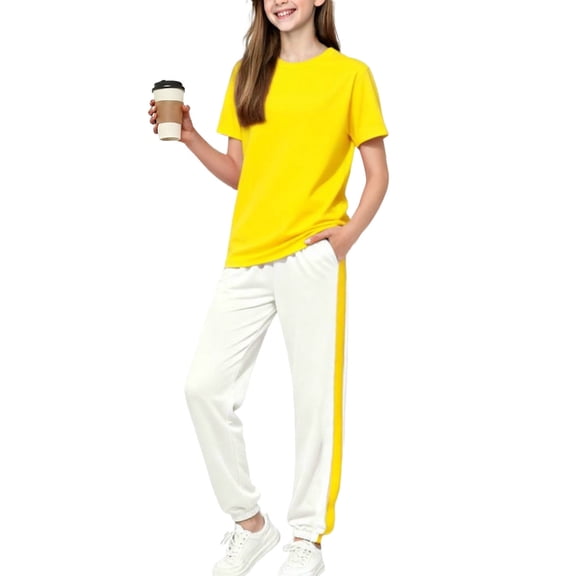 Summer 2 Piece Girls Sweatsuit Short Sleeve Crew Neck Tees Elastic Waist Color Block Jogger Pants Casual Loose Outfits (13-14Years, Yellow)