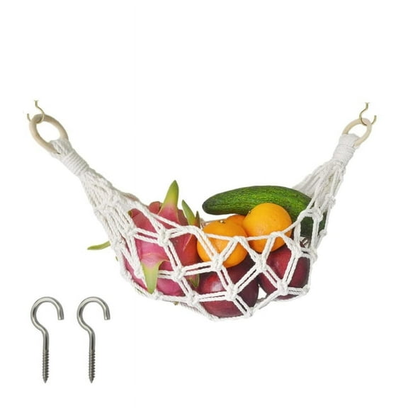 Hanging Fruit Hammock, Hanging Fruit Basket Under the Kitchen Cabinet with Hooks (All Handwoven) for Banana, Produce, Vegetables or Fruit Storage (Ivory)
