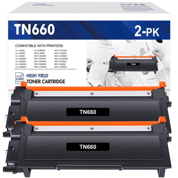 TN660 Black Toner Cartridge Compatible for Brother TN660 TN-660 TN630 TN-630 for HL-L2300D HL-L2305W HL-L2320D HL-L2380DW MFC-L2740DW MFC-L2707DW DCP-L2500D Printer (2-Pack, High Yield)