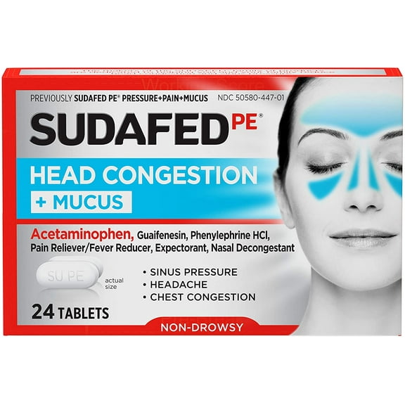 Sudafed PE Head Congestion   Mucus Acetaminophen Tablets, 24 Ct